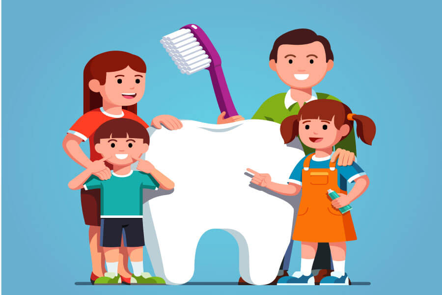 cartoon family of four hold a big toothbrush while standing around a giant tooth.